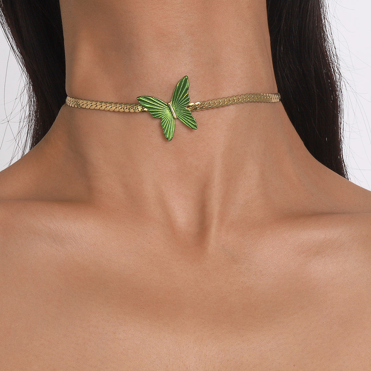 N10724 Cuban Link Chain Green Butterfly Choker Necklace