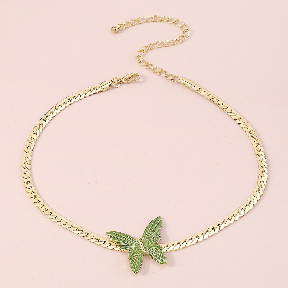 N10724 Cuban Link Chain Green Butterfly Choker Necklace