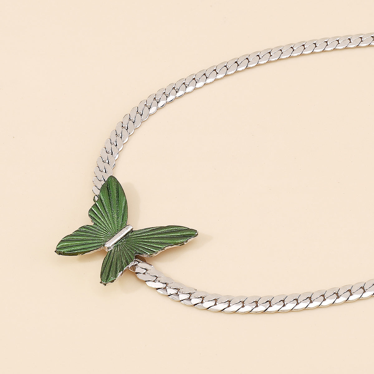 N10724 Cuban Link Chain Green Butterfly Choker Necklace