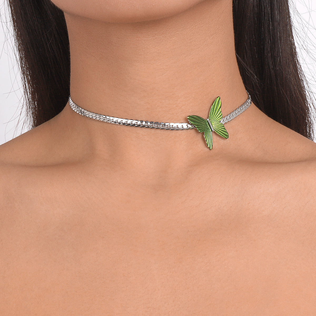 N10724 Cuban Link Chain Green Butterfly Choker Necklace