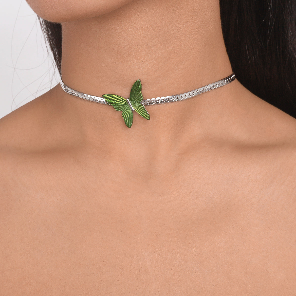 N10724 Cuban Link Chain Green Butterfly Choker Necklace