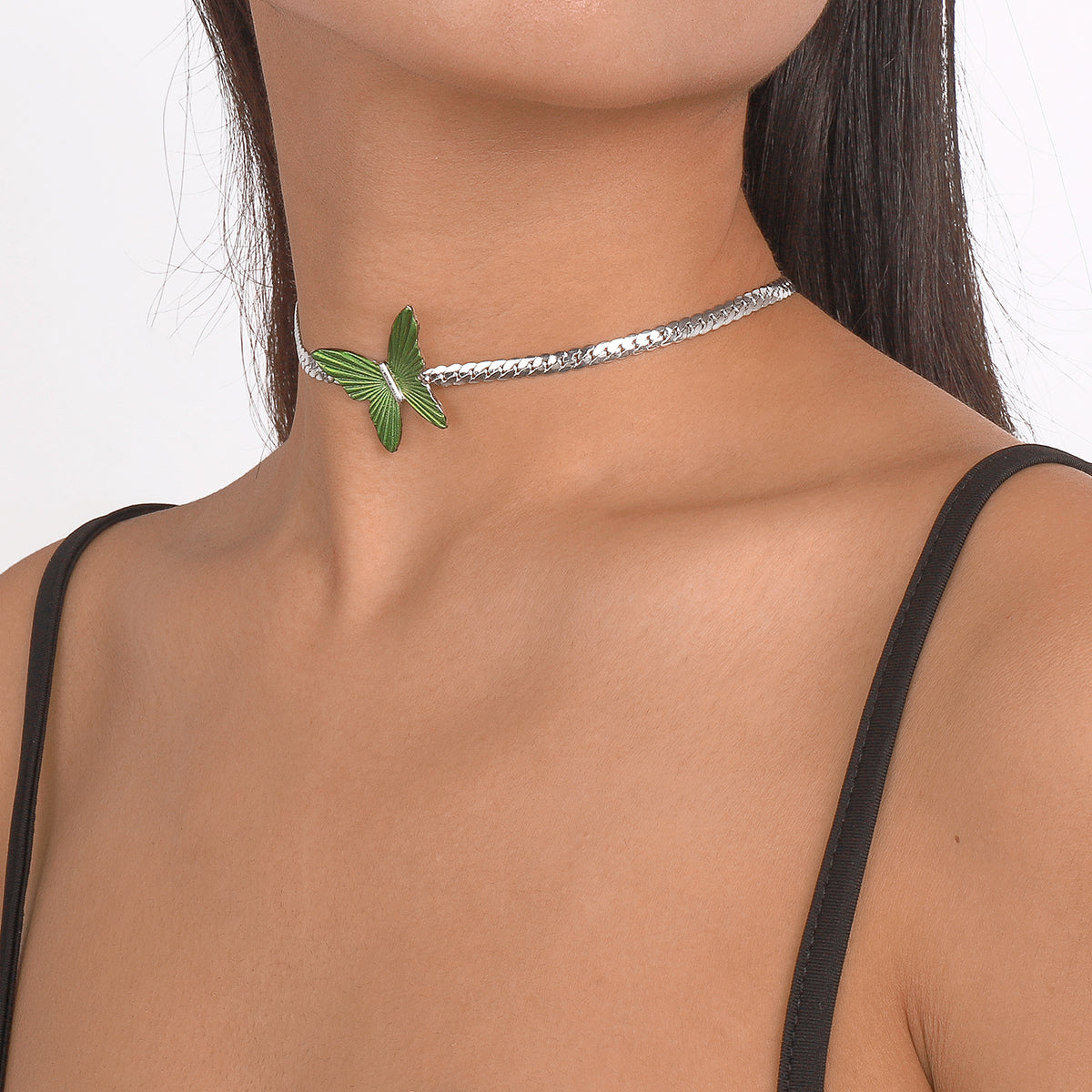 N10724 Cuban Link Chain Green Butterfly Choker Necklace