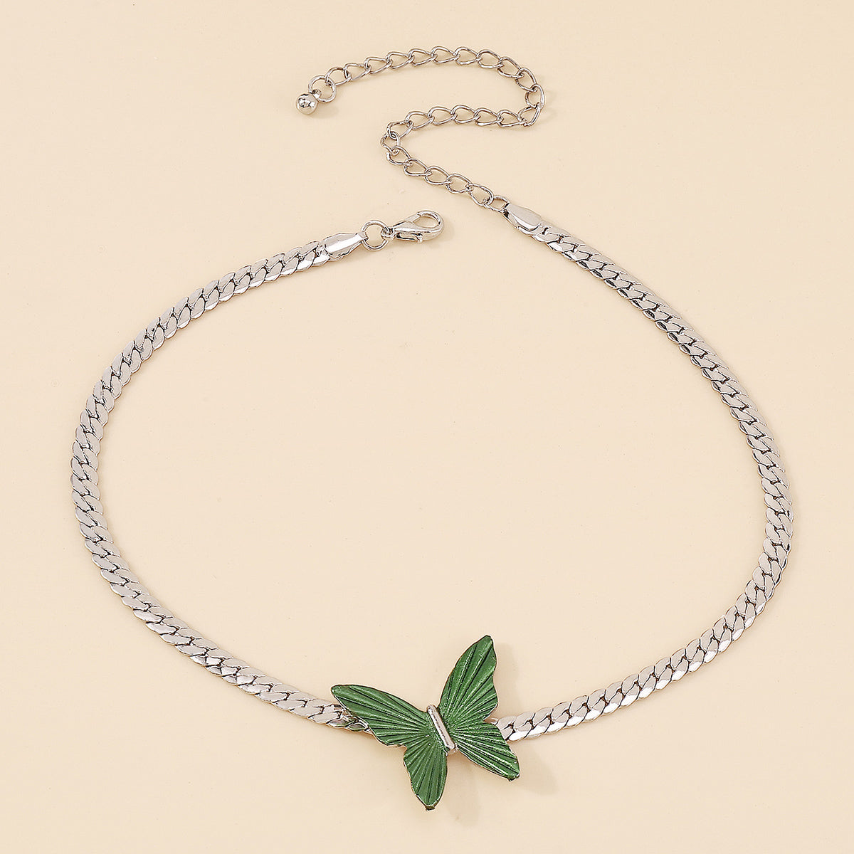 N10724 Cuban Link Chain Green Butterfly Choker Necklace