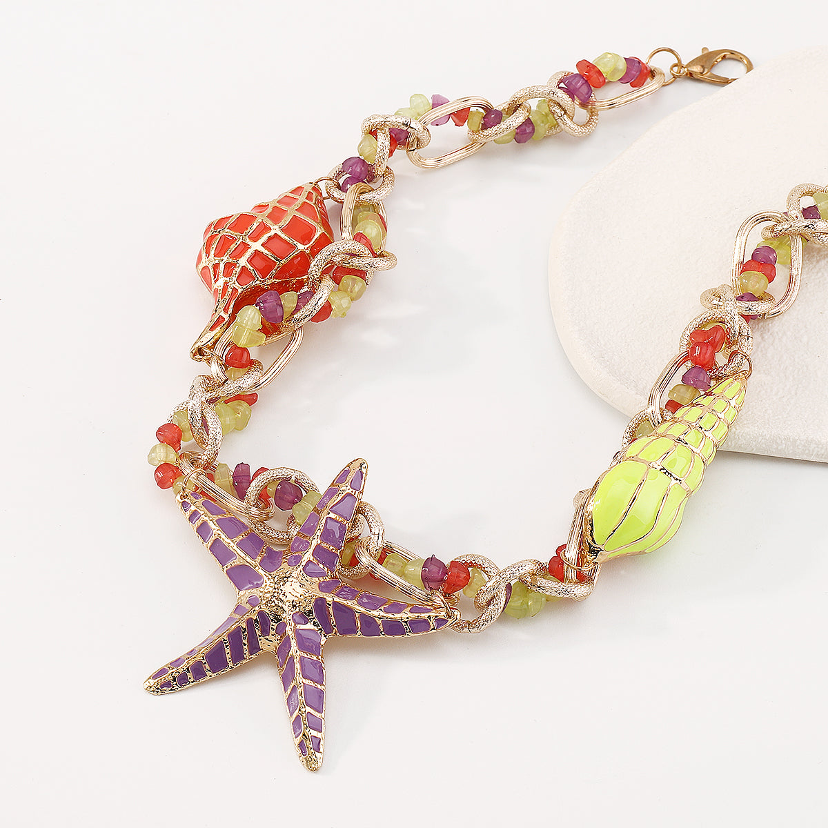 N10774 Large Enamel Starfish Conch Choker Necklace