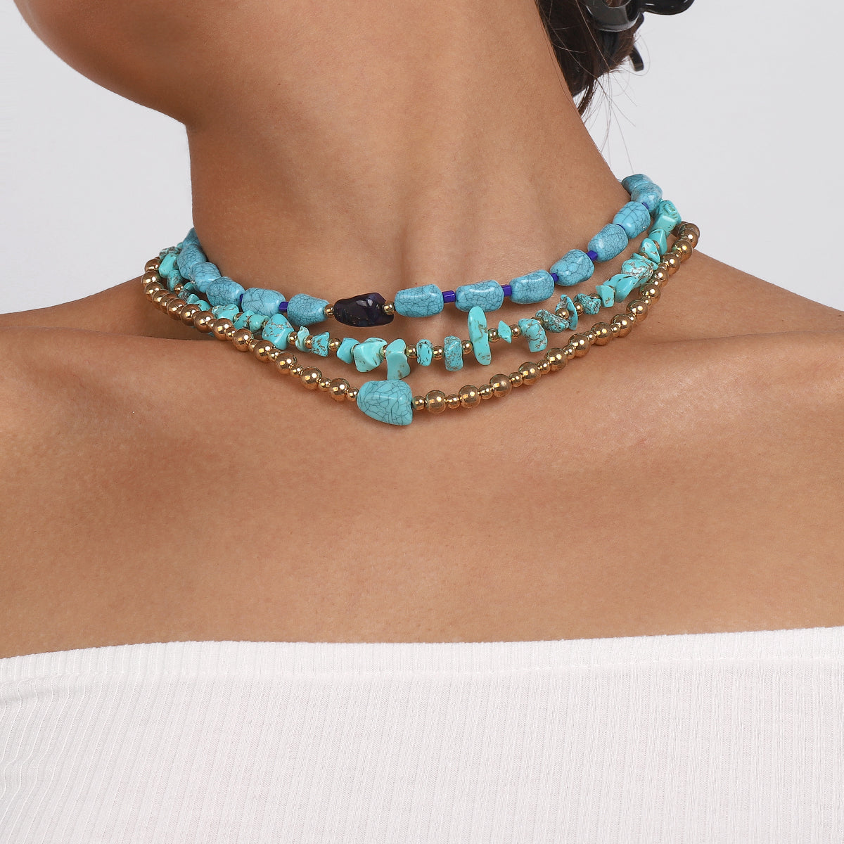 N10790H Layered Turquoise Beads Necklace Set