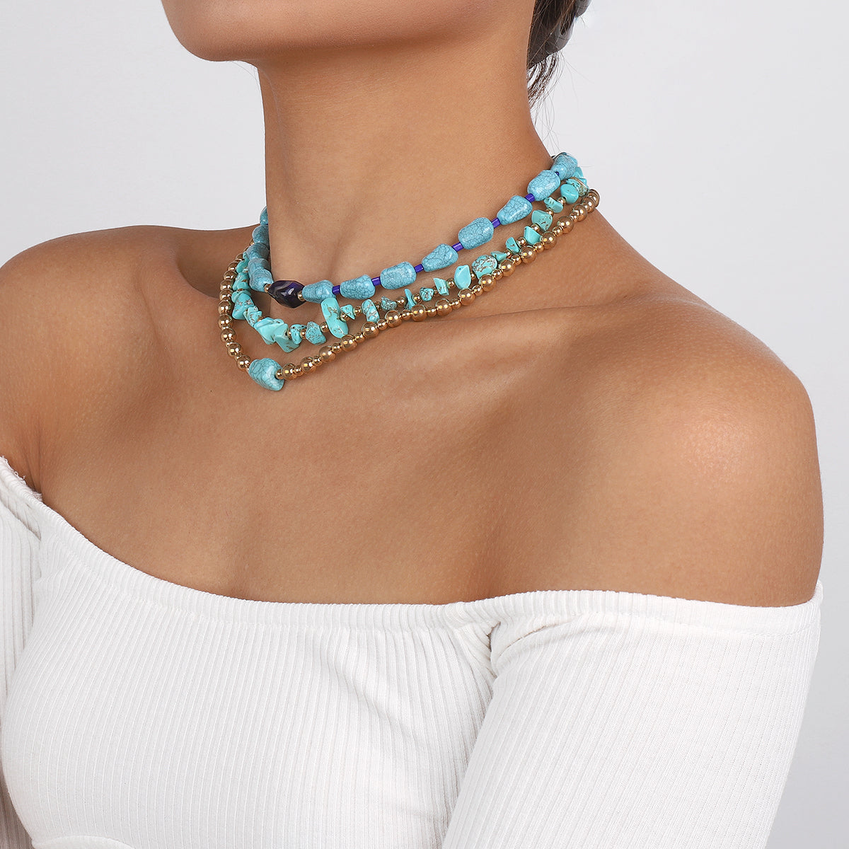 N10790H Layered Turquoise Beads Necklace Set