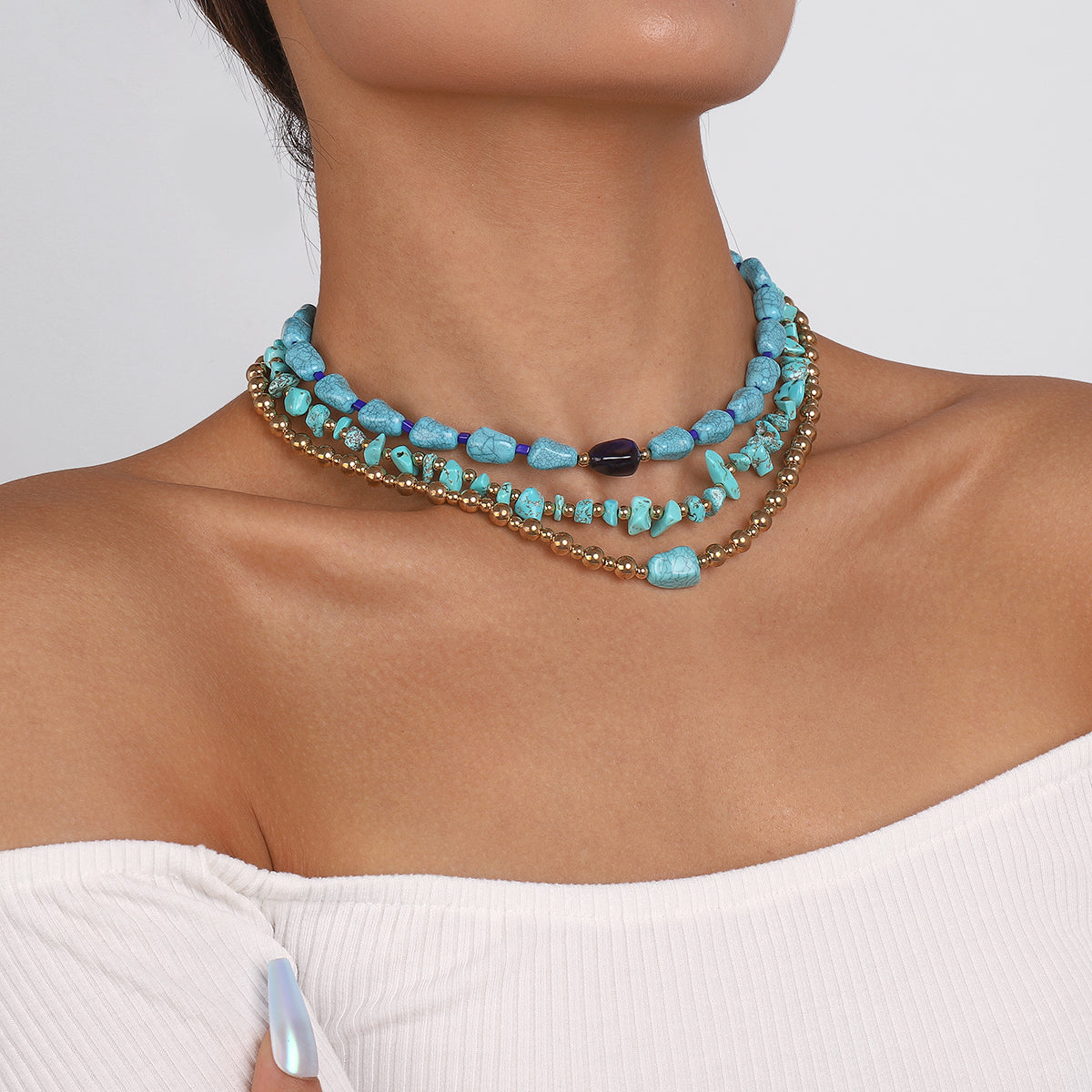 N10790H Layered Turquoise Beads Necklace Set