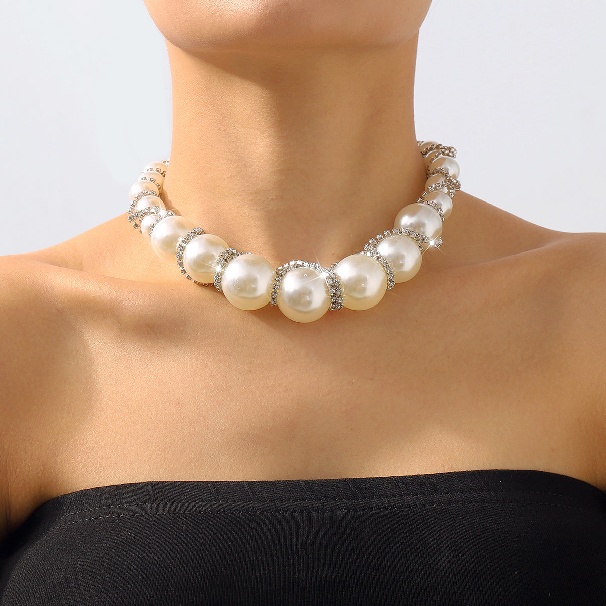 N11131 Extra Large Faux Pearl Rhinestone Chain Necklace