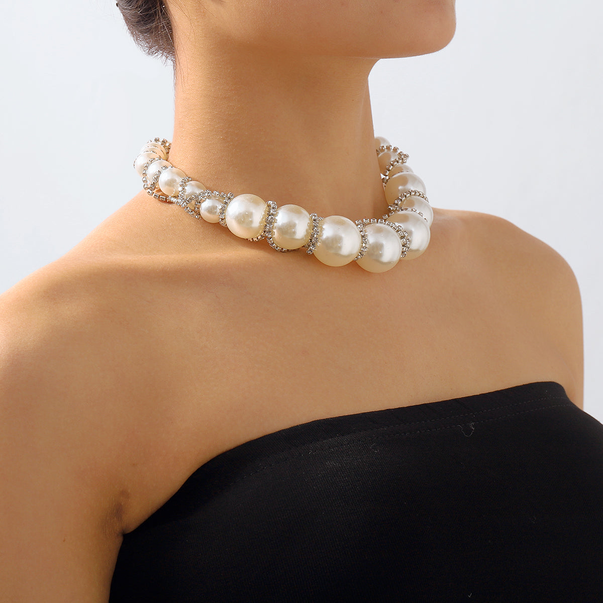 N11131 Extra Large Faux Pearl Rhinestone Chain Necklace