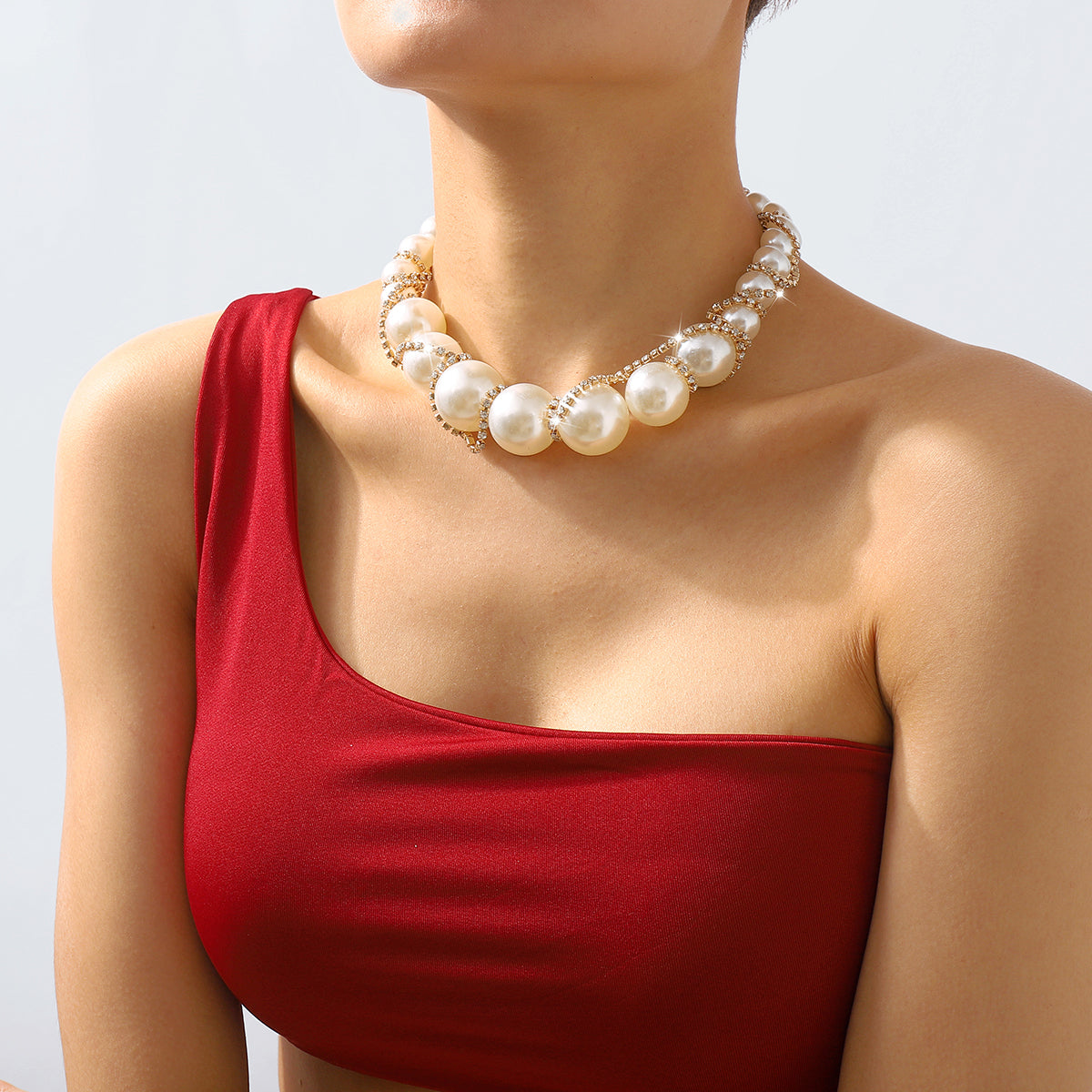 N11131 Extra Large Faux Pearl Rhinestone Chain Necklace