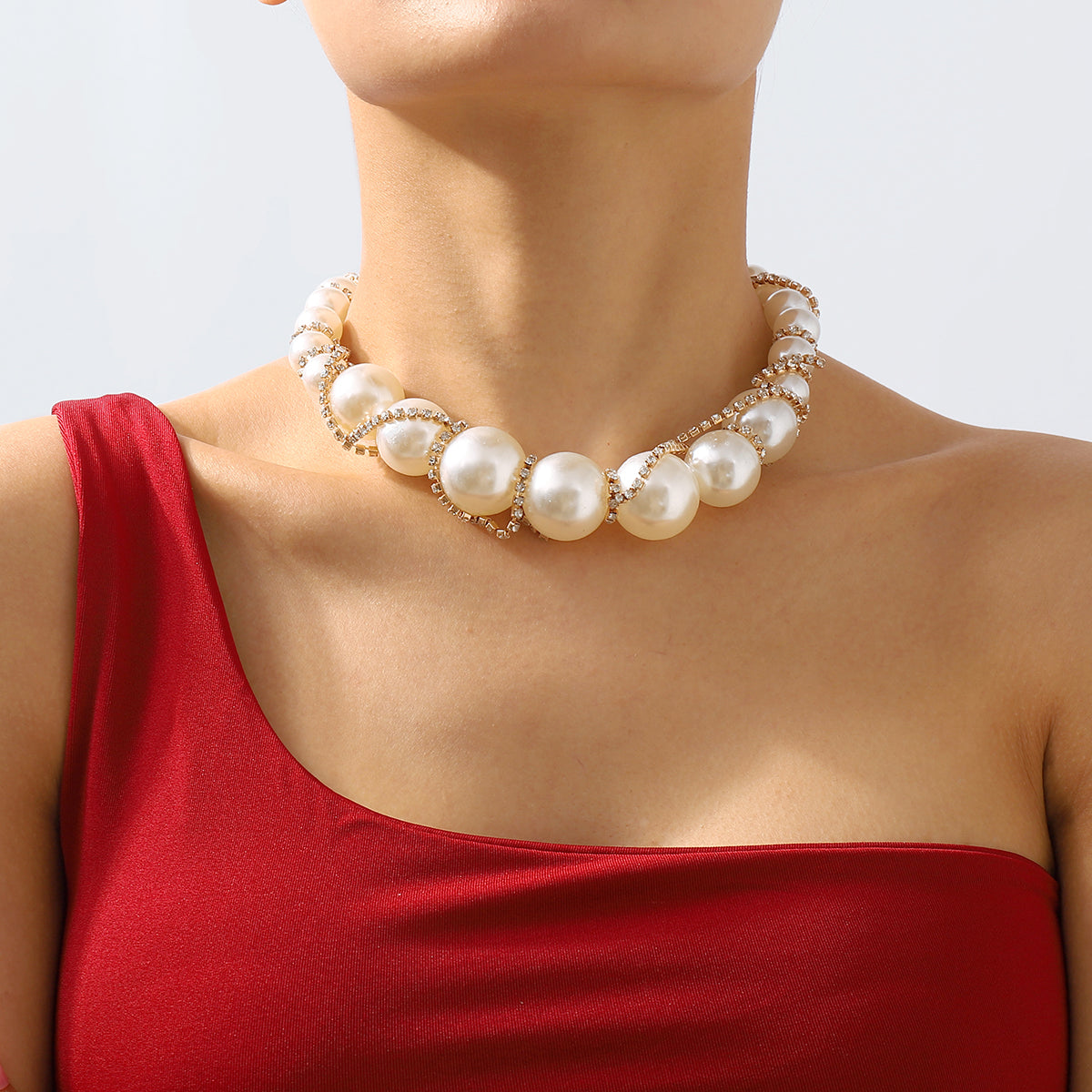 N11131 Extra Large Faux Pearl Rhinestone Chain Necklace