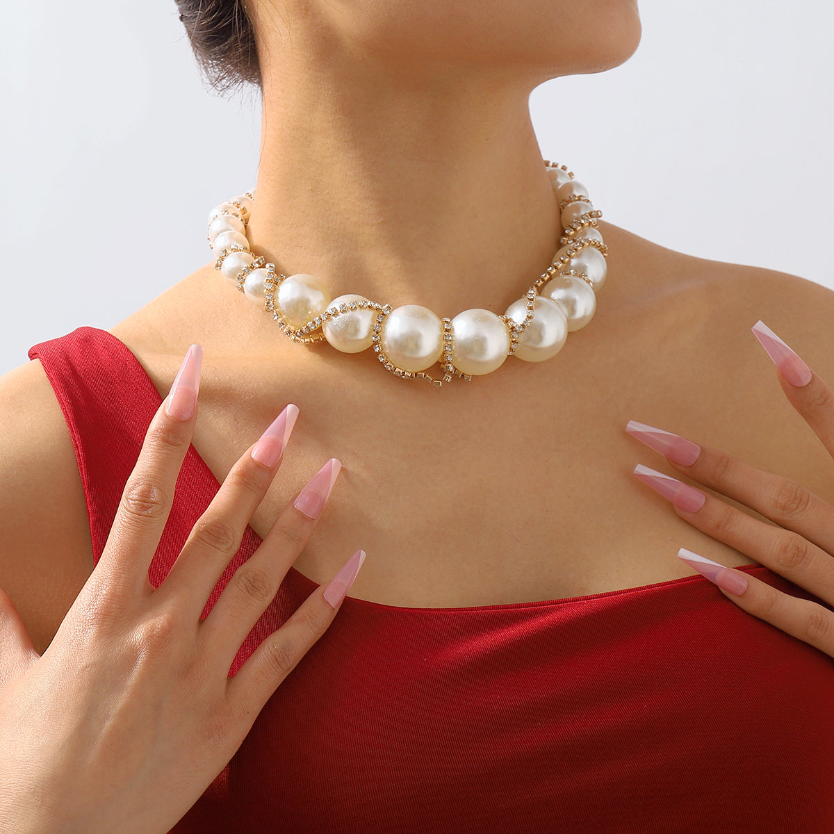 N11131 Extra Large Faux Pearl Rhinestone Chain Necklace