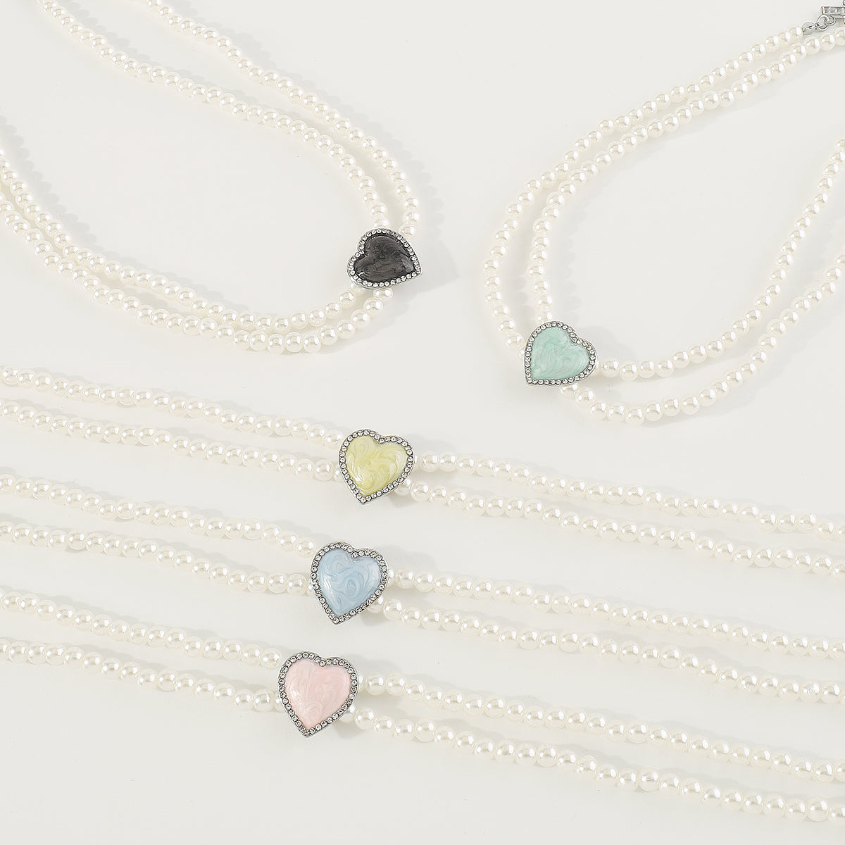 N11138 Layered Pearls Chain Enamel Heart Choker Necklace