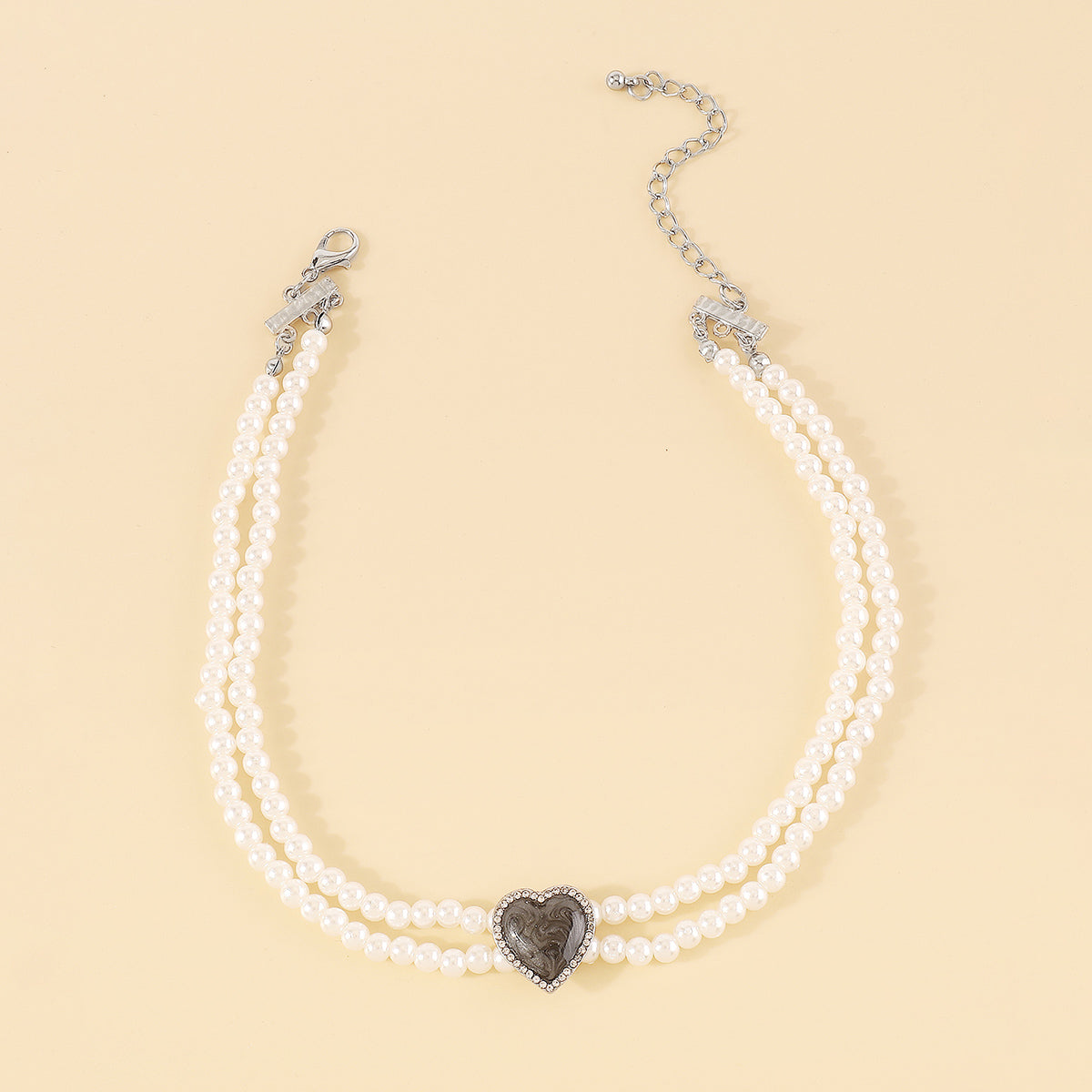 N11138 Layered Pearls Chain Enamel Heart Choker Necklace