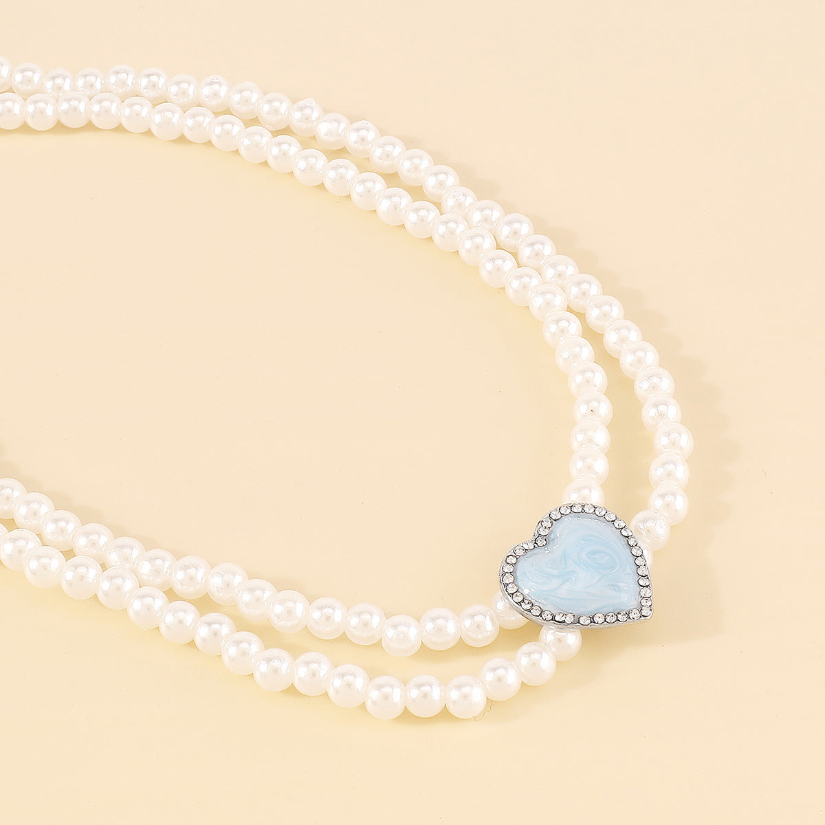 N11138 Layered Pearls Chain Enamel Heart Choker Necklace