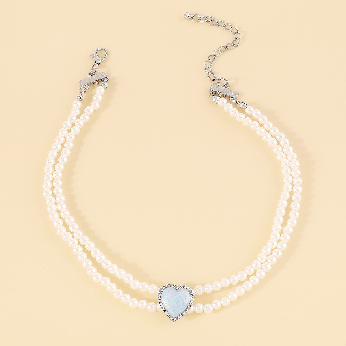 N11138 Layered Pearls Chain Enamel Heart Choker Necklace