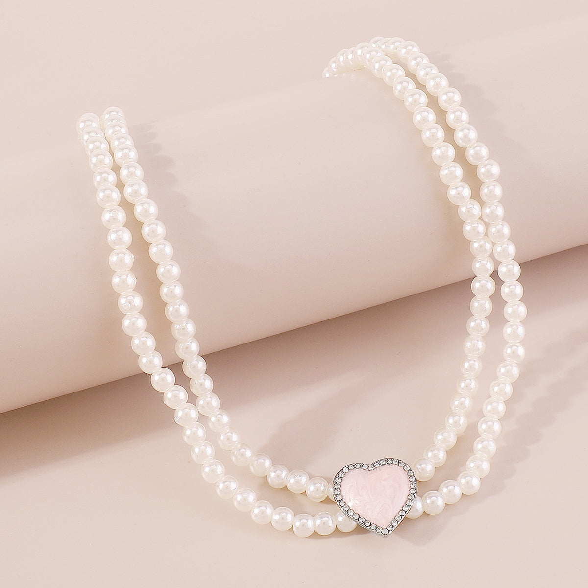 N11138 Layered Pearls Chain Enamel Heart Choker Necklace