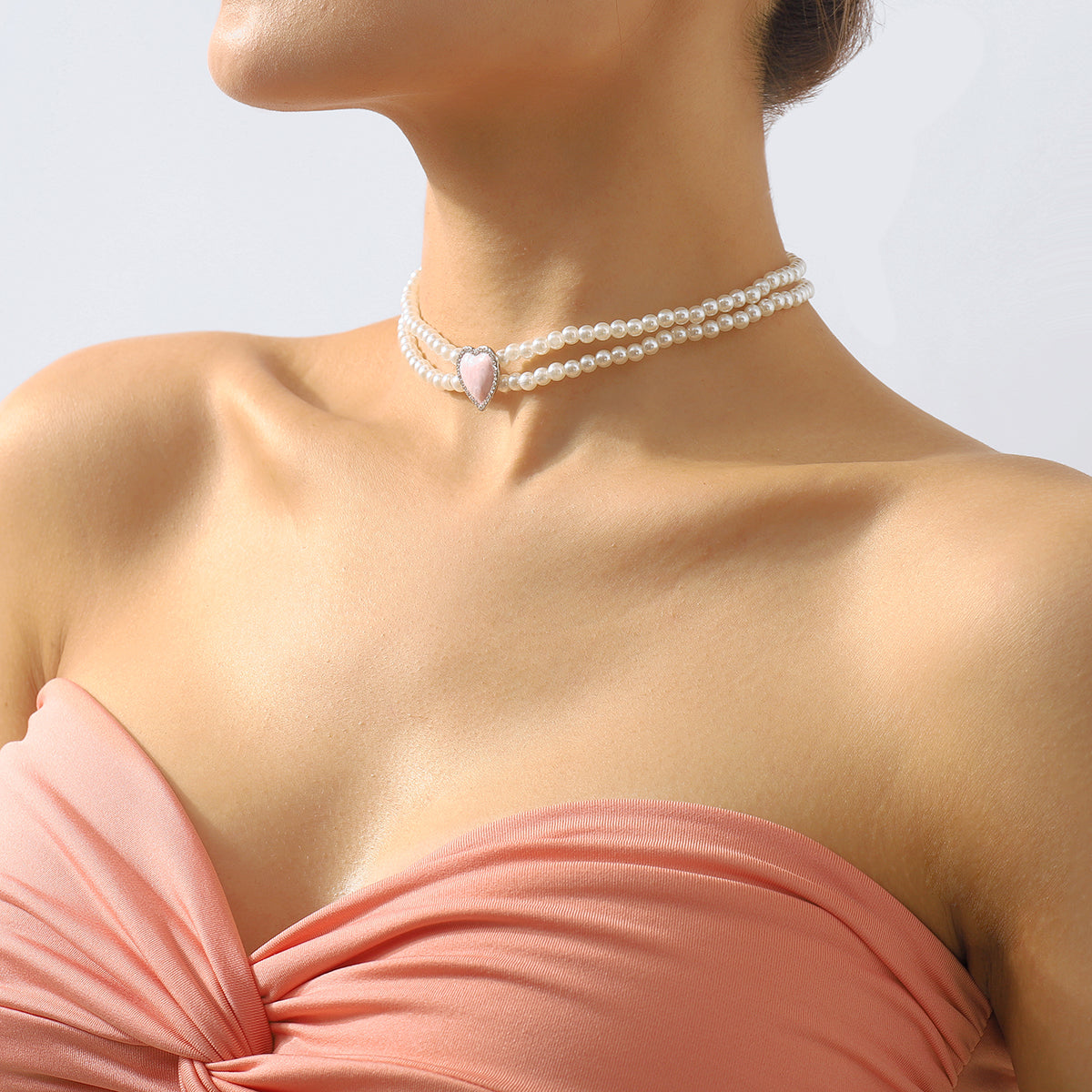 N11138 Layered Pearls Chain Enamel Heart Choker Necklace