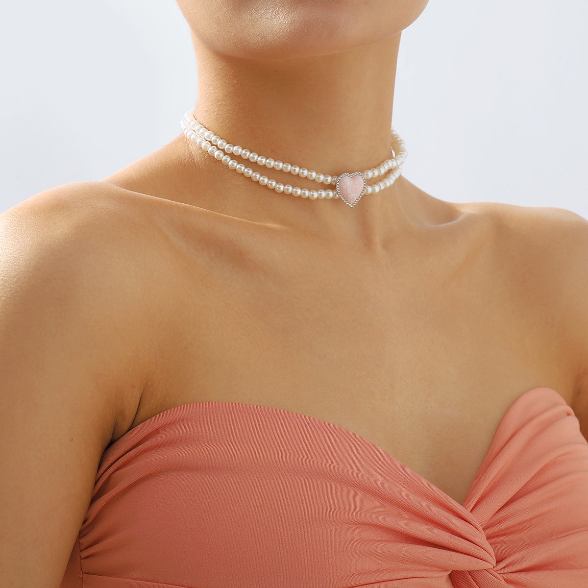 N11138 Layered Pearls Chain Enamel Heart Choker Necklace