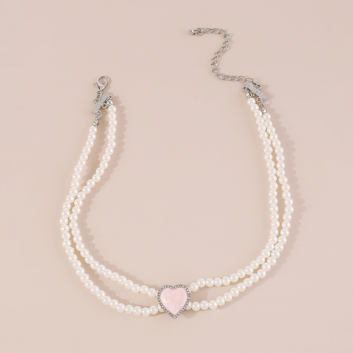 N11138 Layered Pearls Chain Enamel Heart Choker Necklace