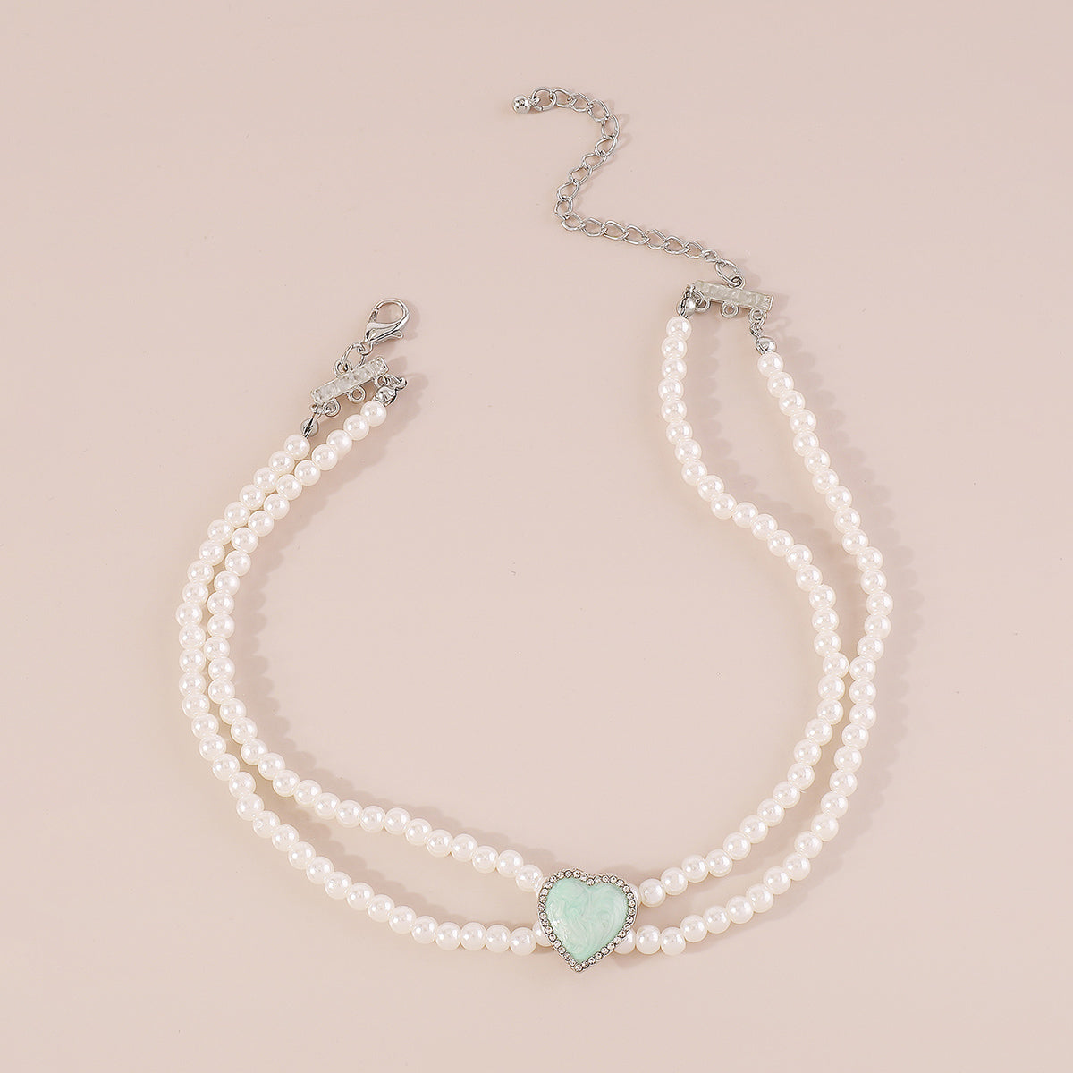 N11138 Layered Pearls Chain Enamel Heart Choker Necklace
