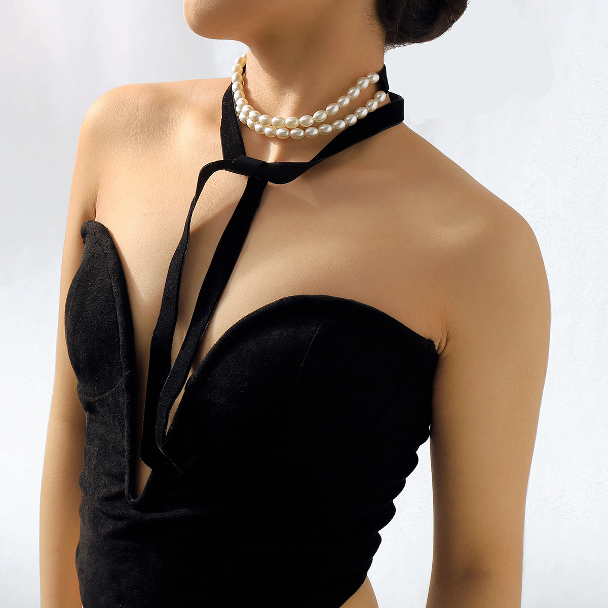 N11335 Flannel Pearl Chain Choker Necklace