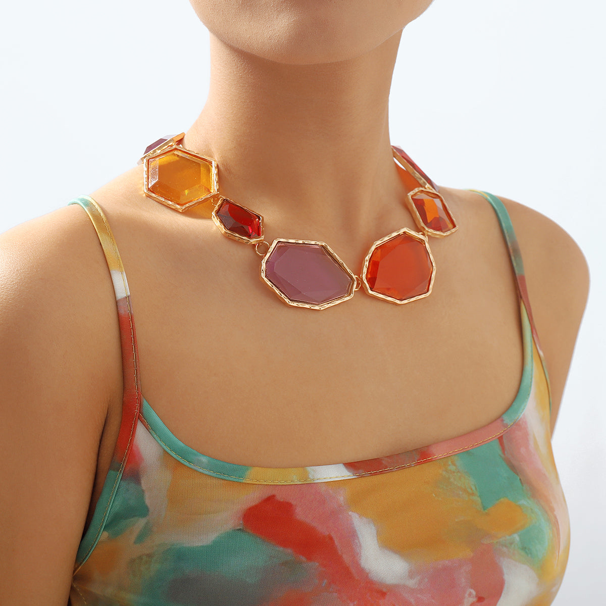 N11190 Geometric Clear Multicolor Resin Necklace