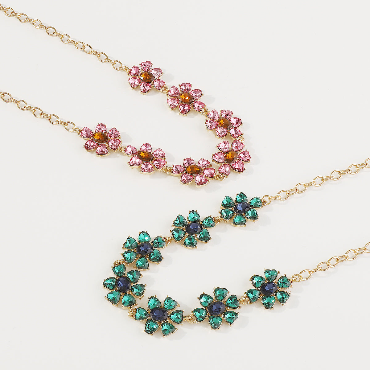 N11214 Pink & Green Rhinestone Flower Choker Necklace