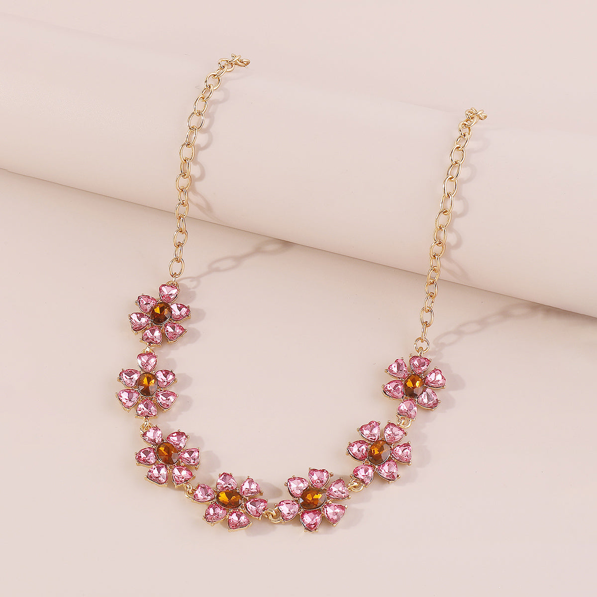 N11214 Pink & Green Rhinestone Flower Choker Necklace