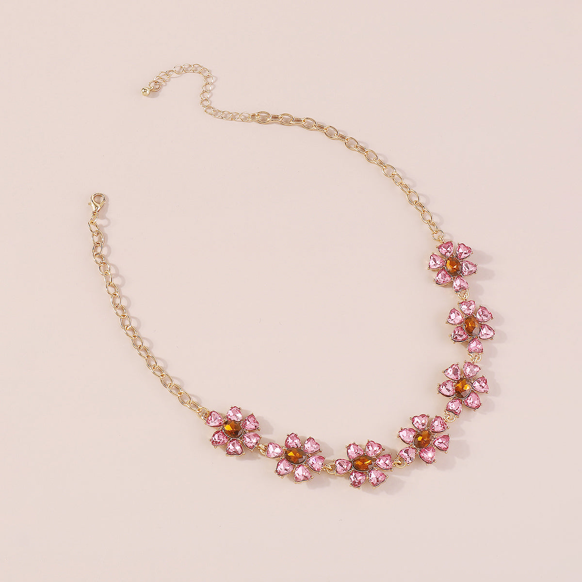 N11214 Pink & Green Rhinestone Flower Choker Necklace