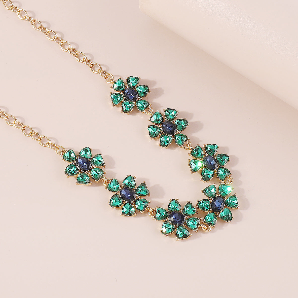N11214 Pink & Green Rhinestone Flower Choker Necklace