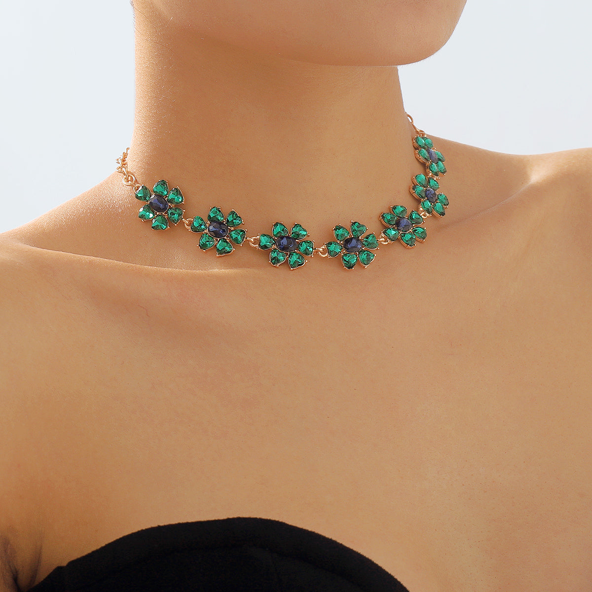 N11214 Pink & Green Rhinestone Flower Choker Necklace