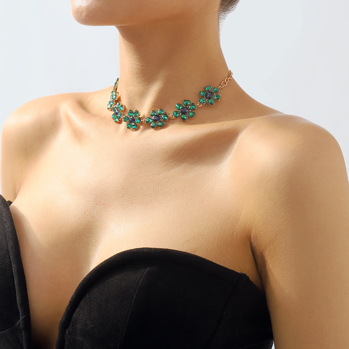 N11214 Pink & Green Rhinestone Flower Choker Necklace