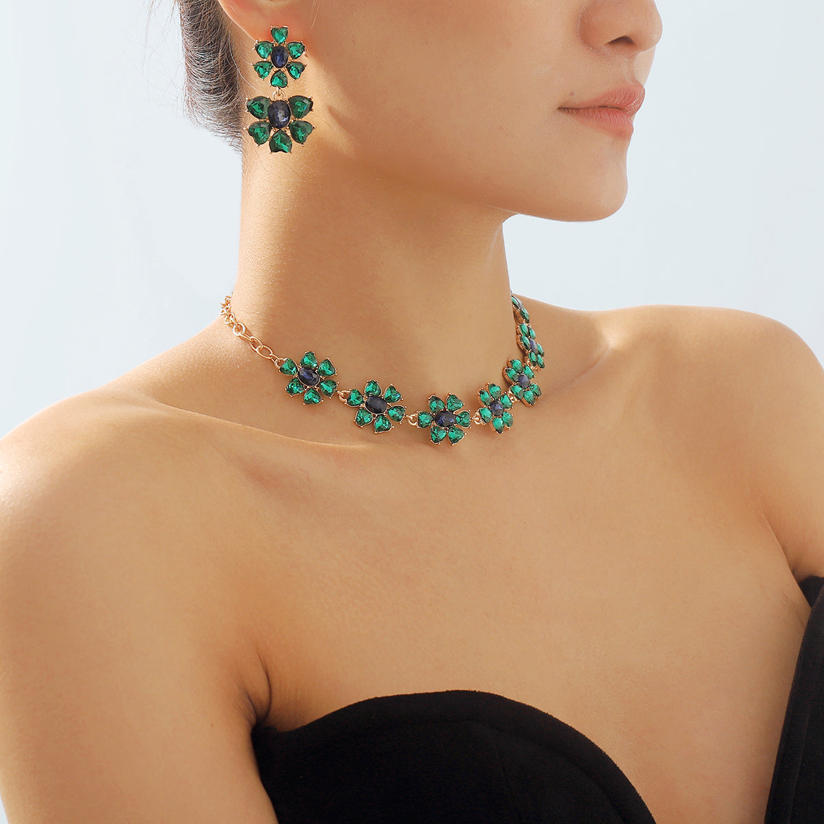 N11214 Pink & Green Rhinestone Flower Choker Necklace