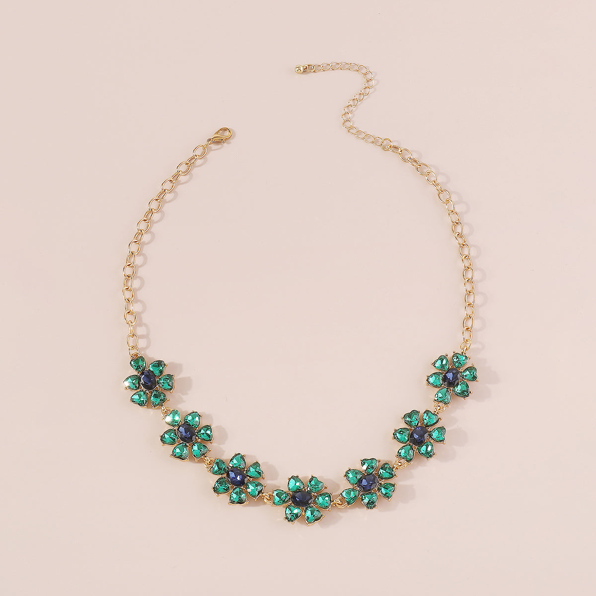 N11214 Pink & Green Rhinestone Flower Choker Necklace
