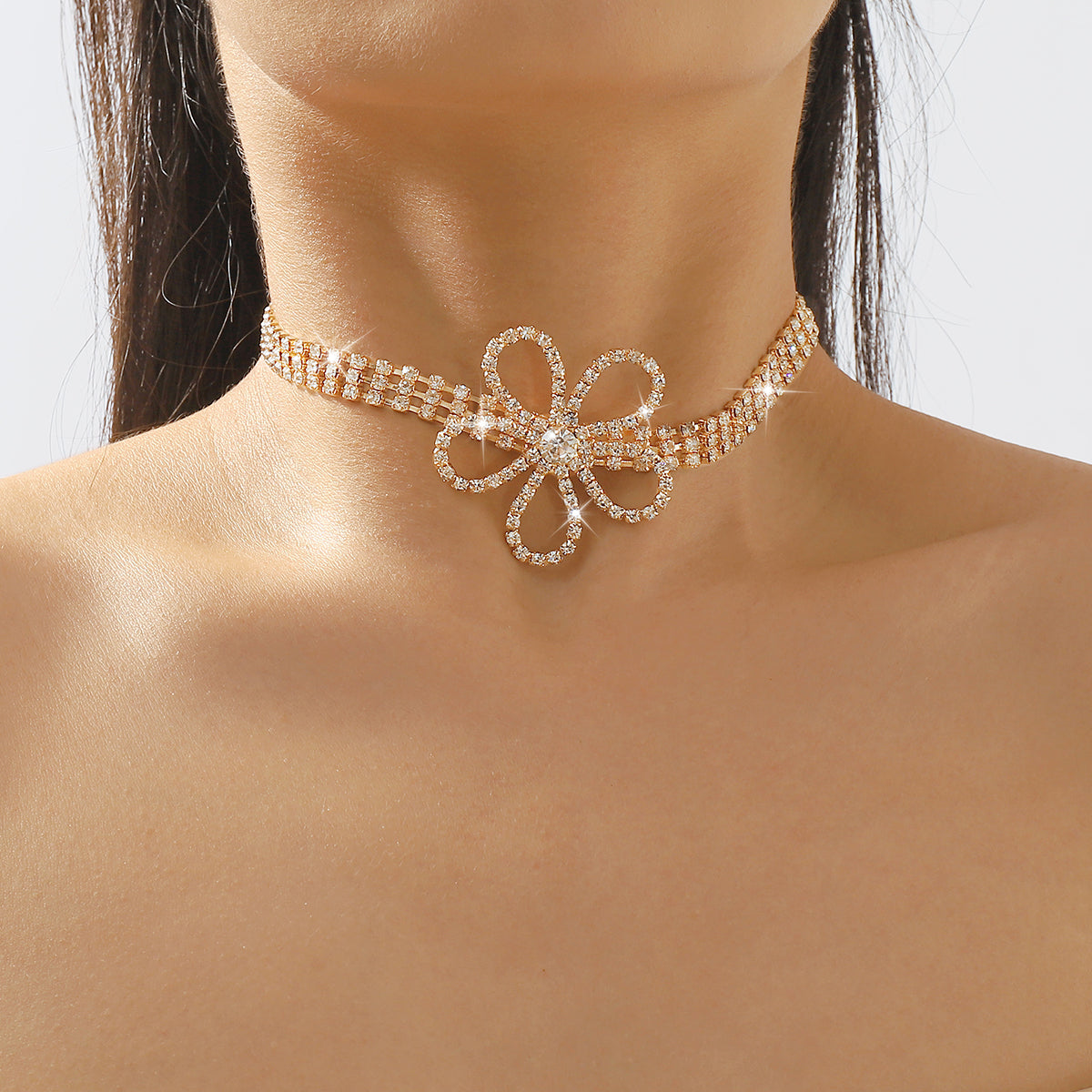 N11375 Crystal Flower Choker Necklace