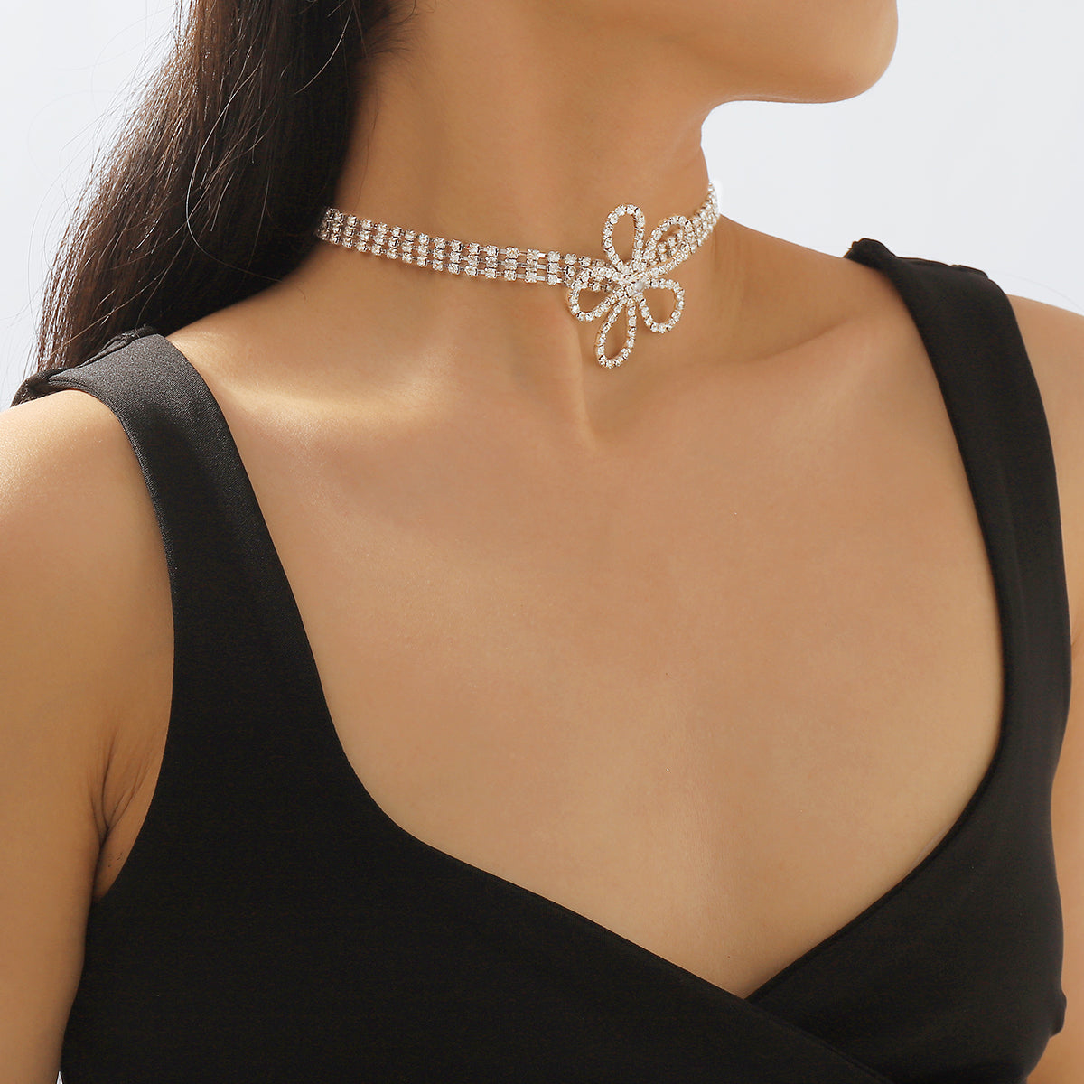 N11375 Crystal Flower Choker Necklace