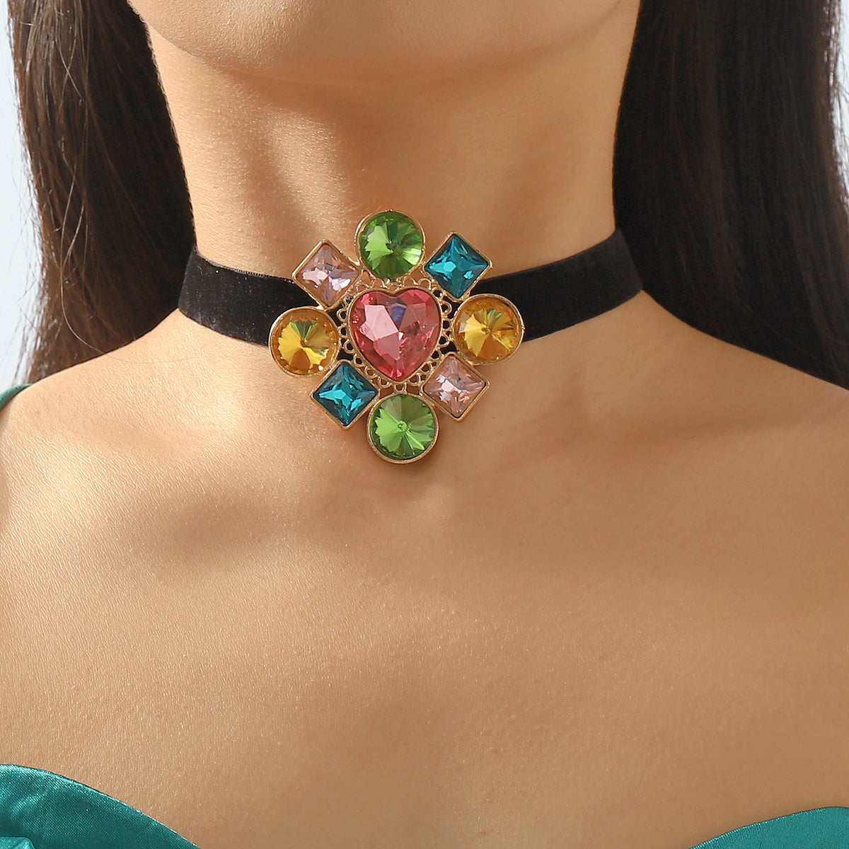 N11475 Geometric Multicolor Crystal Choker Necklace