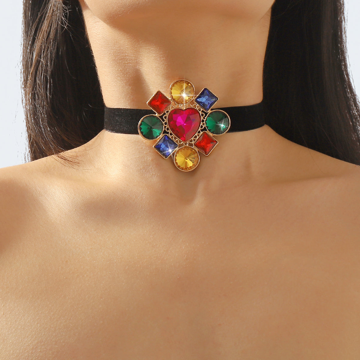 N11475 Geometric Multicolor Crystal Choker Necklace