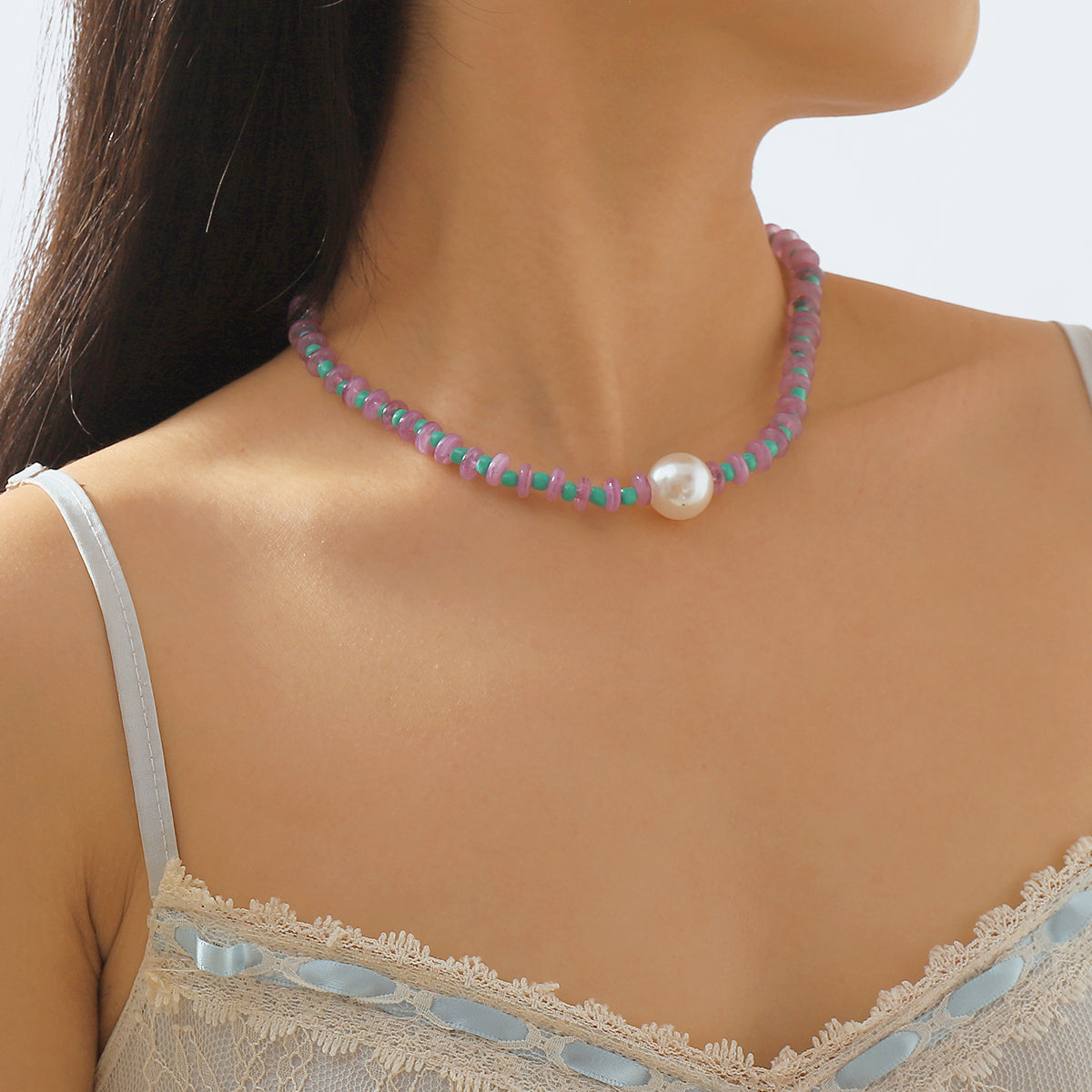 N11479 Colorful Beaded Pearl Pendant Necklace