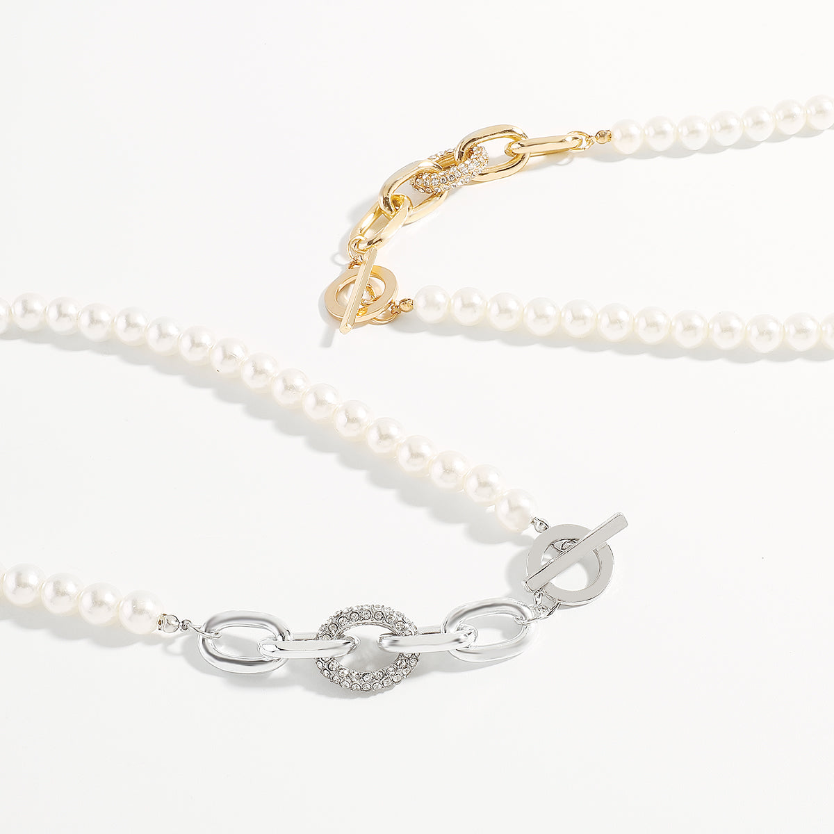N11513 Charm Rhinestone Pearls T Clasp Chain Necklace