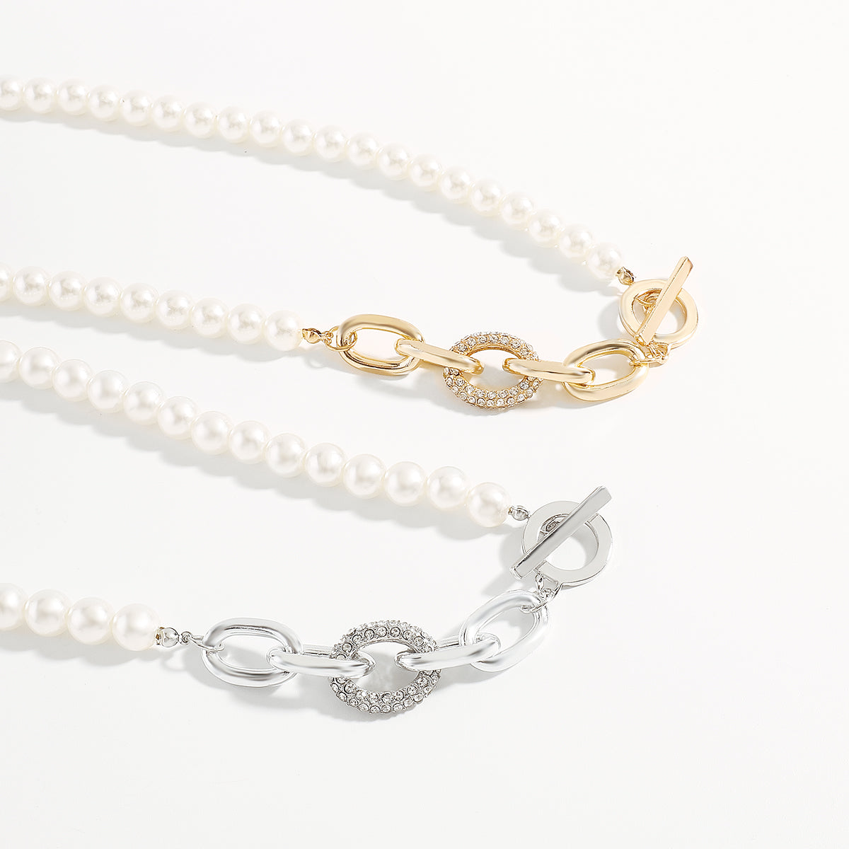 N11513 Charm Rhinestone Pearls T Clasp Chain Necklace