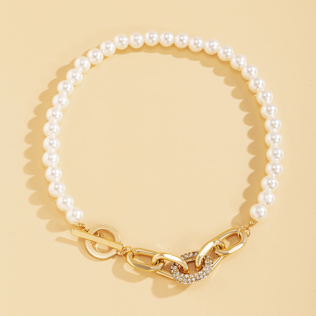 N11513 Charm Rhinestone Pearls T Clasp Chain Necklace