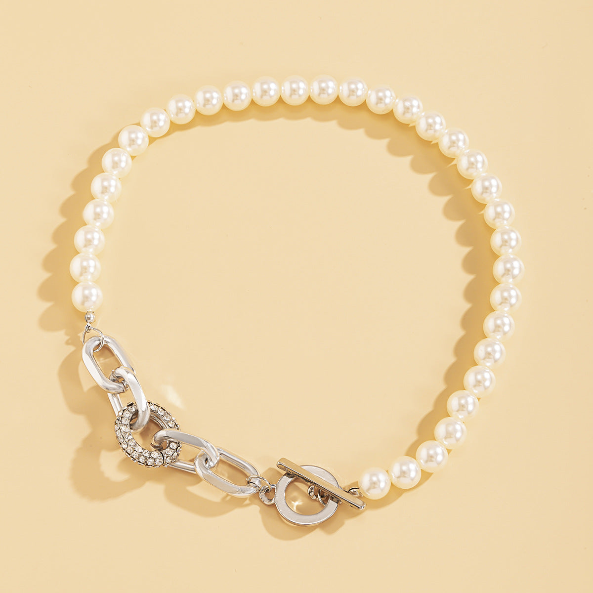 N11513 Charm Rhinestone Pearls T Clasp Chain Necklace