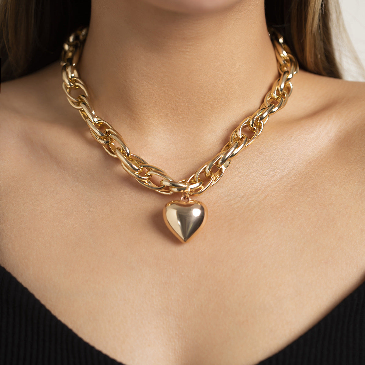 N11519 Chunky Chain Gold & Silver Heart Pendant Necklace