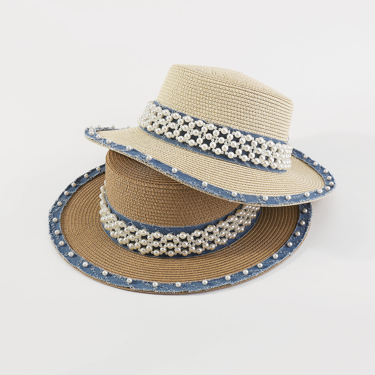 Q0125 Summer Straw Sun Hats With Pearl Wide Brim Hat