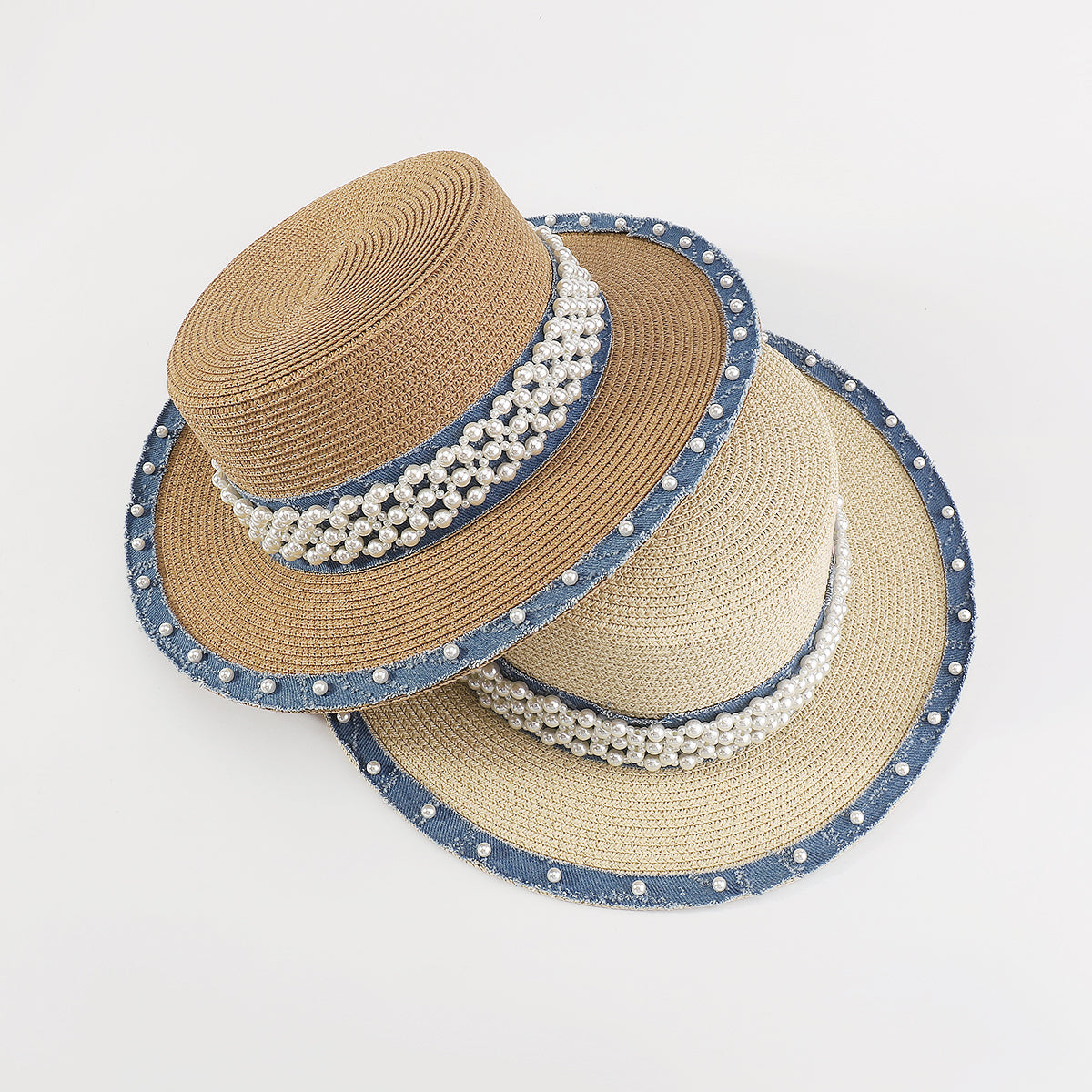 Q0125 Summer Straw Sun Hats With Pearl Wide Brim Hat