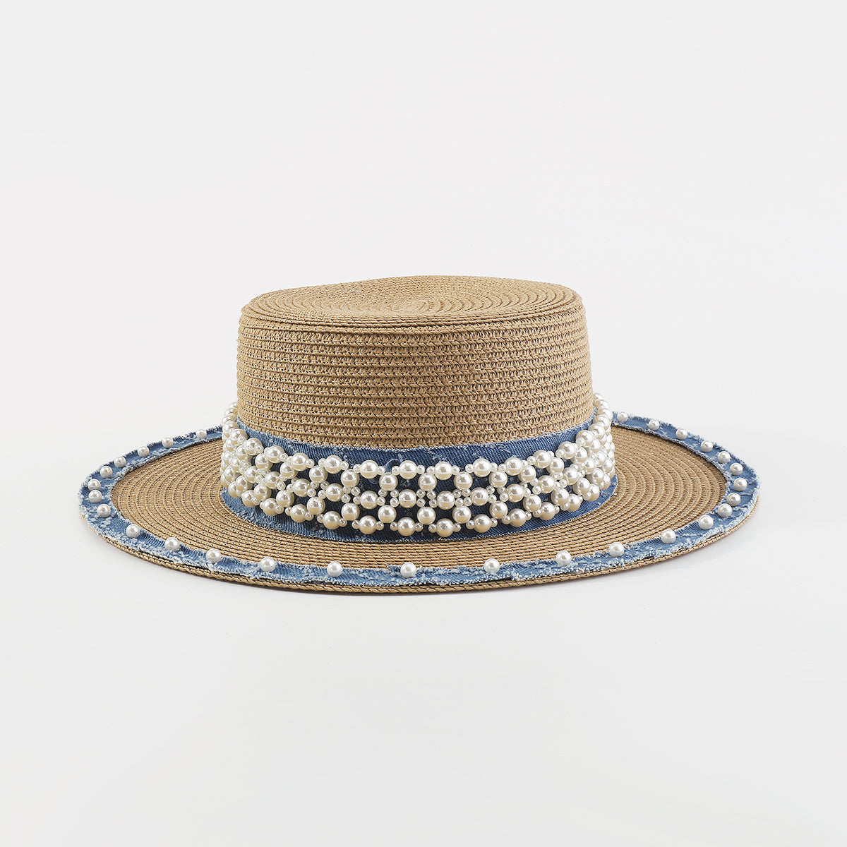 Q0125 Summer Straw Sun Hats With Pearl Wide Brim Hat