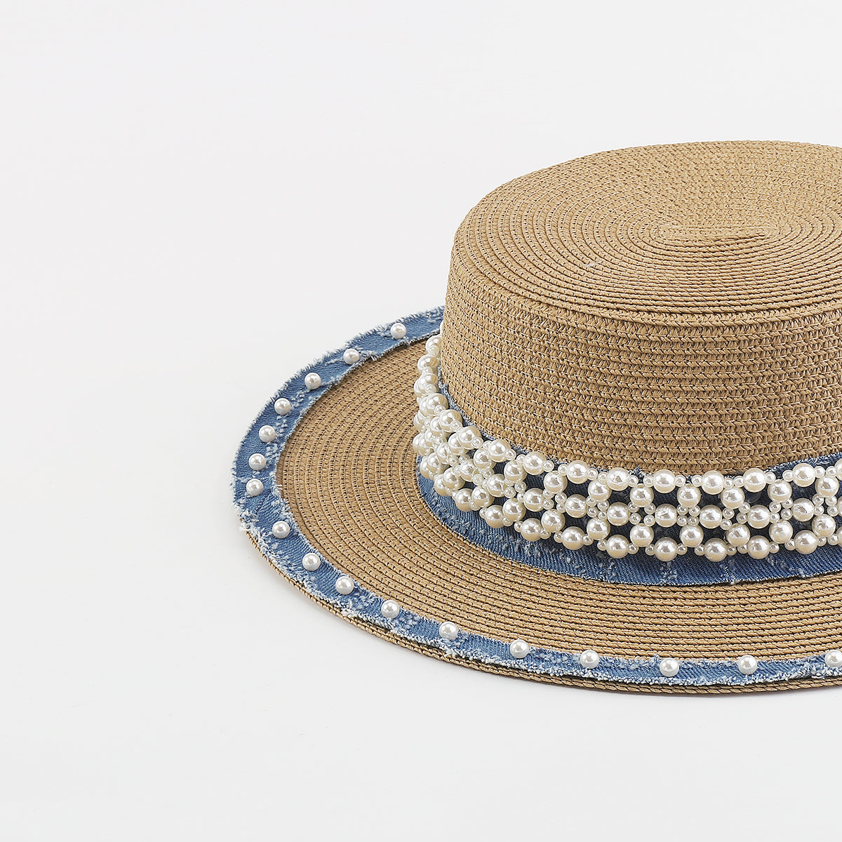 Q0125 Summer Straw Sun Hats With Pearl Wide Brim Hat