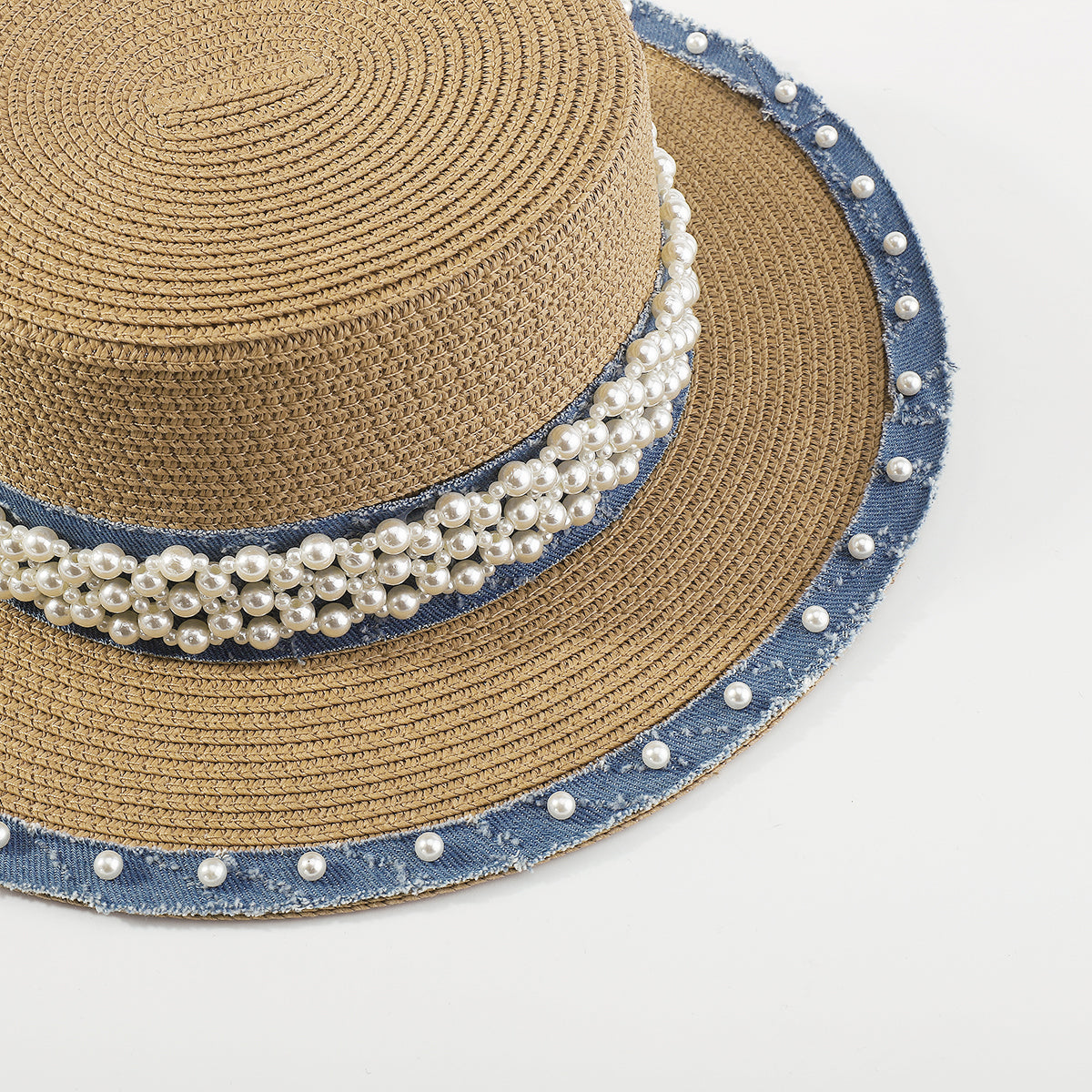Q0125 Summer Straw Sun Hats With Pearl Wide Brim Hat